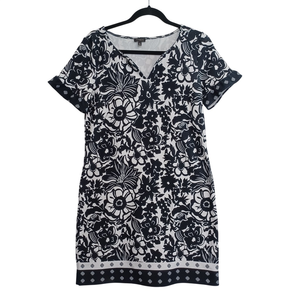 Talbots Womens Small Black White Floral V-Neck Shift Dress Short Sleeve‎ Knit
